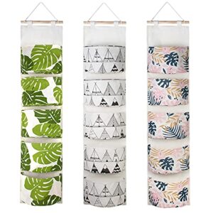 yocomey 3pcs wall closet hanging storage bag with 5 pockets, waterproof linen fabric over the door organizer, multifucional stylish hanging storage pouches for bedroom bathroom (house/leaf)