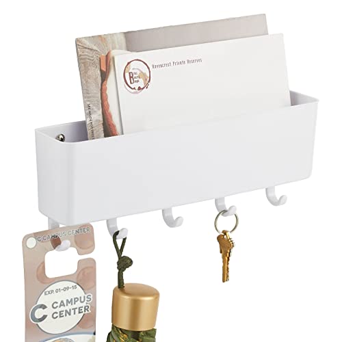 mDesign Adhesive Modern Plastic Mail Organizer Storage Basket - 5 Hooks - for Entryway, Mudroom, Hallway, Kitchen, Office - Holds Letters, Magazines, Coats, Keys - White