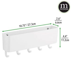 mDesign Adhesive Modern Plastic Mail Organizer Storage Basket - 5 Hooks - for Entryway, Mudroom, Hallway, Kitchen, Office - Holds Letters, Magazines, Coats, Keys - White