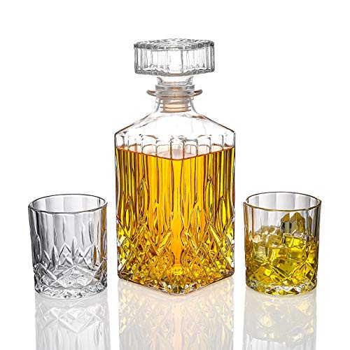 Hibekol Whiskey Decanter Set with 2 Glasses - Whiskey Decanter Glasses Set for Men - Birthday Gifts Groomsmen Gifts - Liquor Scotch Bourbon Vodka and Wine