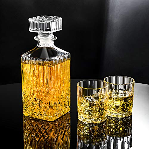 Hibekol Whiskey Decanter Set with 2 Glasses - Whiskey Decanter Glasses Set for Men - Birthday Gifts Groomsmen Gifts - Liquor Scotch Bourbon Vodka and Wine