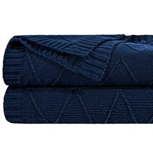 ntbay rayon cotton cable knitted throw blanket, breathable and silky soft chevron textured rpet decorative blanket for couch, sofa, bed, 51x67 inches, navy blue