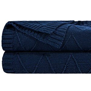 NTBAY Rayon Cotton Cable Knitted Throw Blanket, Breathable and Silky Soft Chevron Textured RPET Decorative Blanket for Couch, Sofa, Bed, 51x67 Inches, Navy Blue