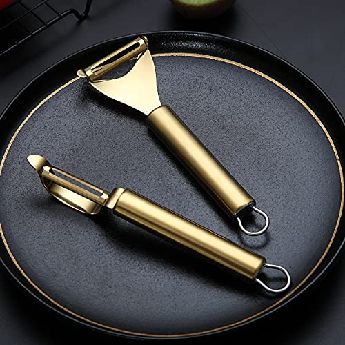 Gold Potato Vegetable And Fruit Peelers For Kitchen, Kyraton Titanium Gold Plating Stainless Steel Peelers,Sharp Blade And Ergonomic Non Slip Easy To Grip Set Of 2