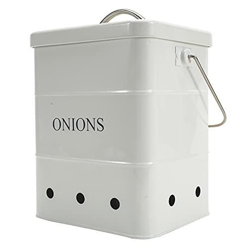 Gdfjiy Onion Storage Bin, Kitchen Storage Canister,Kitchen Pantry Organizer Tin With Airtight Lid & Handles, Vegetable Fresh Keeper with Aerating Tin Storage Holes (White)