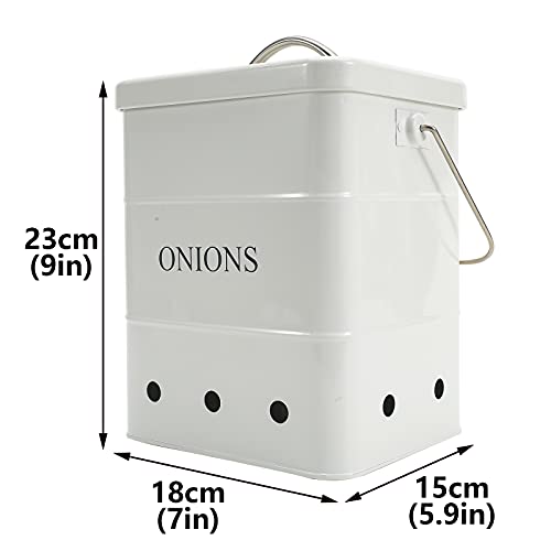 Gdfjiy Onion Storage Bin, Kitchen Storage Canister,Kitchen Pantry Organizer Tin With Airtight Lid & Handles, Vegetable Fresh Keeper with Aerating Tin Storage Holes (White)