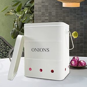 Gdfjiy Onion Storage Bin, Kitchen Storage Canister,Kitchen Pantry Organizer Tin With Airtight Lid & Handles, Vegetable Fresh Keeper with Aerating Tin Storage Holes (White)