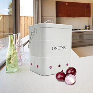 Gdfjiy Onion Storage Bin, Kitchen Storage Canister,Kitchen Pantry Organizer Tin With Airtight Lid & Handles, Vegetable Fresh Keeper with Aerating Tin Storage Holes (White)