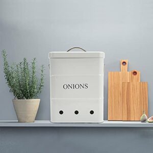 Gdfjiy Onion Storage Bin, Kitchen Storage Canister,Kitchen Pantry Organizer Tin With Airtight Lid & Handles, Vegetable Fresh Keeper with Aerating Tin Storage Holes (White)