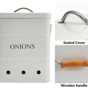 Gdfjiy Onion Storage Bin, Kitchen Storage Canister,Kitchen Pantry Organizer Tin With Airtight Lid & Handles, Vegetable Fresh Keeper with Aerating Tin Storage Holes (White)