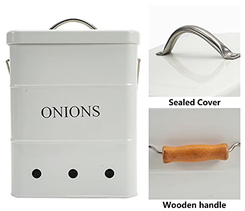 Gdfjiy Onion Storage Bin, Kitchen Storage Canister,Kitchen Pantry Organizer Tin With Airtight Lid & Handles, Vegetable Fresh Keeper with Aerating Tin Storage Holes (White)