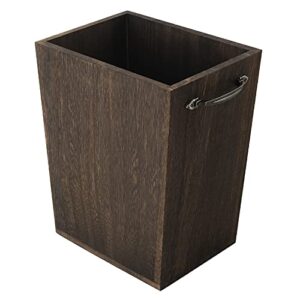 trash can wastebasket wood garbage container bin with built-in double metal handles for office, bedroom, and bathroom, dark brown