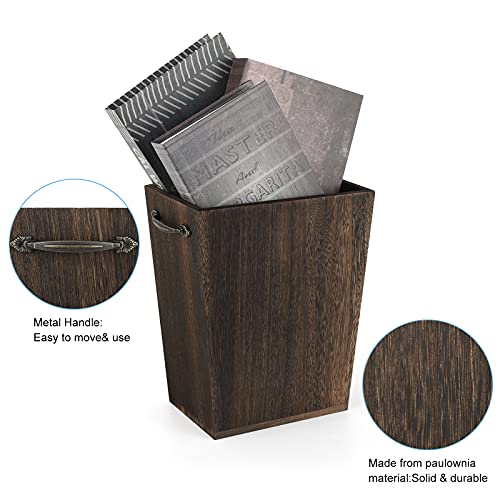 Trash Can Wastebasket Wood Garbage Container Bin with Built-in Double Metal Handles for Office, Bedroom, and Bathroom, Dark Brown