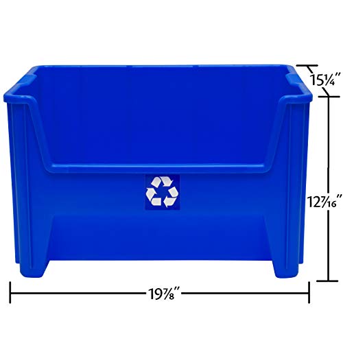 READYSPACE Commercial Industrial Heavy Duty Stackable Open-Front Recycling Bin Box Containers, 12.5 Gallon, 3 Pack, Blue