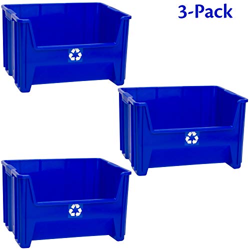 READYSPACE Commercial Industrial Heavy Duty Stackable Open-Front Recycling Bin Box Containers, 12.5 Gallon, 3 Pack, Blue