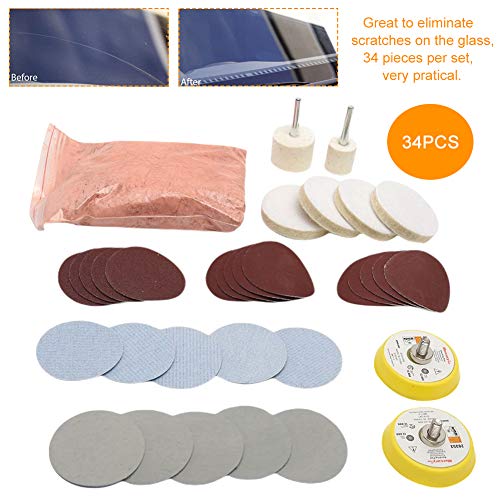 EKDJKK 34pcs/Set Glass Polishing Kit, Deep Scratch Remover，Multifunctional Cerium Oxide Polishing Powder Polishing Pad and Wheel for Window Repair