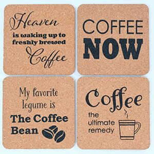 funny drink coasters for coffee, 4 pack cork cup pads, cool table mat for hot cappuccino or iced drink, cute modern desk mug holder, nook accessories gift for drinker, protects wood or stone bench