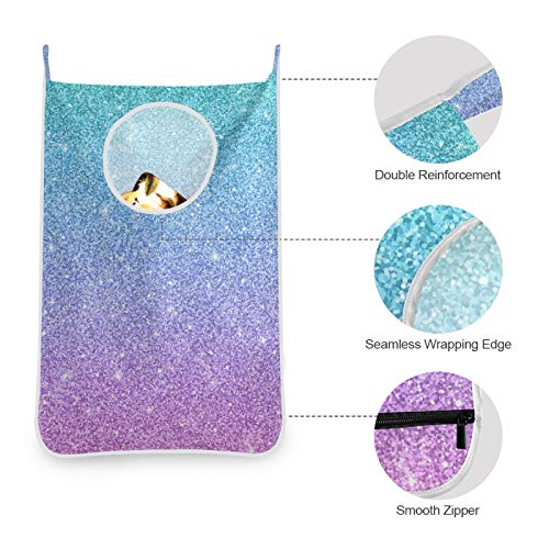 Oyihfvs Glitter Texture with Blue Pink Color Effect 1PC Hanging Laundry Hamper Bag, Dirty Clothes Bag Over The Door, Wall Cloth Basket with Hooks Storage College Closet for Bathroom Bedroom