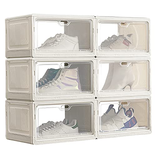 Oroonoko Large Shoe Box for Storage Sneakers,6 Packs Hard Plastic Stackable Display Shoe Box With Lip Clear Door for Sneakers Heels Up To US Size 13'' Collection (6)