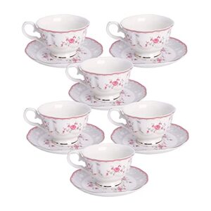 fanquare pink rose tea cup and saucer set for 6, british vintage afternoon cup set, porcelain coffee cup with gold border, 5 oz