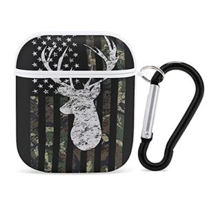 shockproof case cover compatible with airpods 1 / 2 wireless charging case deer camo camouflage american flag hunting black, full protective plastic cover with keychain, led visible - white