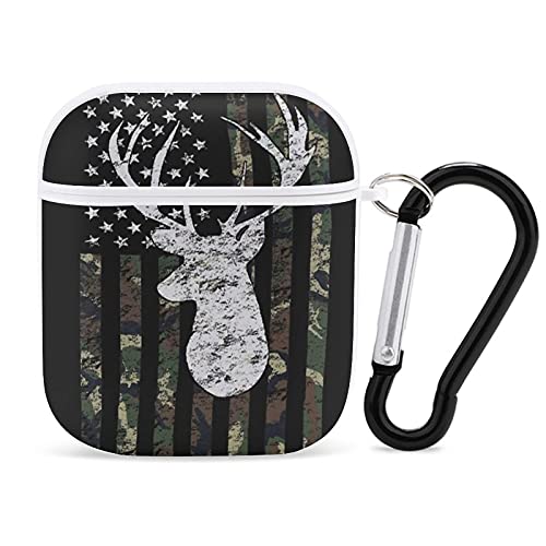 Shockproof Case Cover Compatible with AirPods 1 / 2 Wireless Charging Case Deer Camo Camouflage American Flag Hunting Black, Full Protective Plastic Cover with Keychain, LED Visible - White