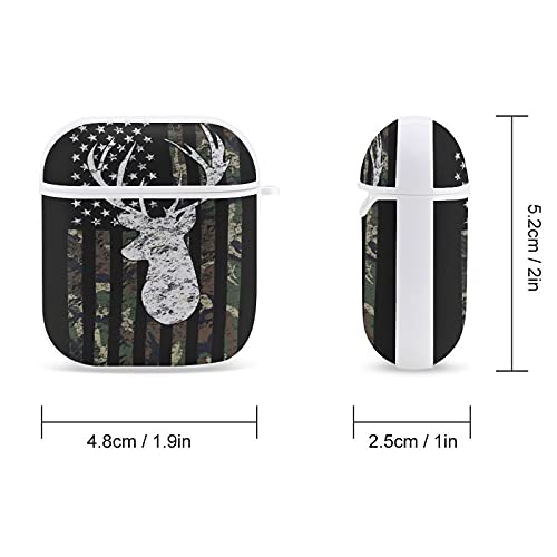 Shockproof Case Cover Compatible with AirPods 1 / 2 Wireless Charging Case Deer Camo Camouflage American Flag Hunting Black, Full Protective Plastic Cover with Keychain, LED Visible - White