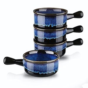 koov french onion soup bowls with handles microwave safe, 15 oz ceramic soup crocks for oatmeal, cereal, stew, dessert, reactive glaze set of 4 (nebula blue)