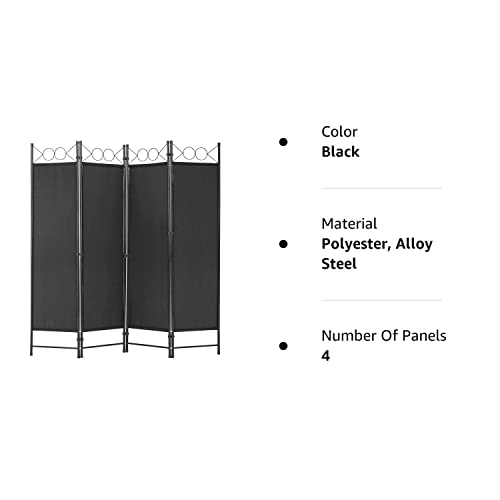 4 Panel Room Divider 6FT Steel Frame Screen Folding Privacy Divider Freestanding Partition for Home Office Bedroom, Black