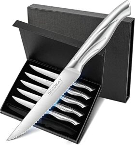 becokay steak knives - steak knives set of 6 high carbon german steel serrated steak knife - 4.3 inch premium steak knife set - ergonomic full tang hollow handle (silver)