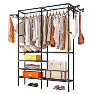 zzbiqs 5 tiers metal garment clothing rack hanging clothes organizers with shelves and 4 side hook , compact armoire storage rack, 33.8" l x 17.3" w x 68.5" h, max load 115 lbs, black