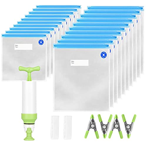 20 PCS Reusable Vacuum Food Sealer Bags, Sous Vide Bags, Plastic Freezer Bags, Kitchen Food Storage Bags with Handheld Pump(10 medium + 10 large)