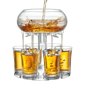 mixt shots 6 shot glass dispenser and holder, acrylic, multiple shot pourer with stopper for cocktail, wine and juice, college and party beverage dispenser for filling liquids (transparent)