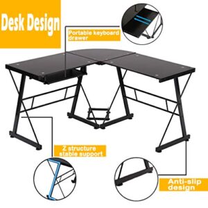 Warmm house Computer Desk,L Shape Home Office Desk with Drawer,Glass Black Desk,Easy to Clean&Tough Scratch-Resistant for Gaming Desk Office Desk l Shaped Desk