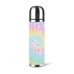 pastel tie dye water bottle stainless steel insulated thermos metal resuable vacuum bottle with leather bottle holder 16 oz(500 ml)