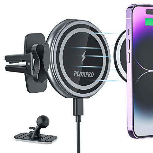 PLDHPRO Magnetic Wireless Car Charger Mount for Magsafe iPhone 14 13 12 Pro Plus Max Mini Series Fast Charging Phone Holder Stick On Car Dashboard and Air Vent [Auto-Alignment Powerful Magnets]