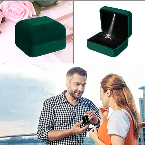 MSSZDLI Lahaima Velvet Ring Box LED Light Jewelry Gift Box Engagement and Wedding Ring Box for Presentation (Dark Green)