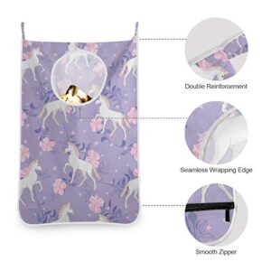 Oyihfvs White Unicorns Pink Flowers Stars On Purple Floral 1PC Hanging Laundry Hamper Bag, Dirty Clothes Bag Over The Door, Wall Cloth Basket with Hooks Storage College Closet for Bathroom Bedroom