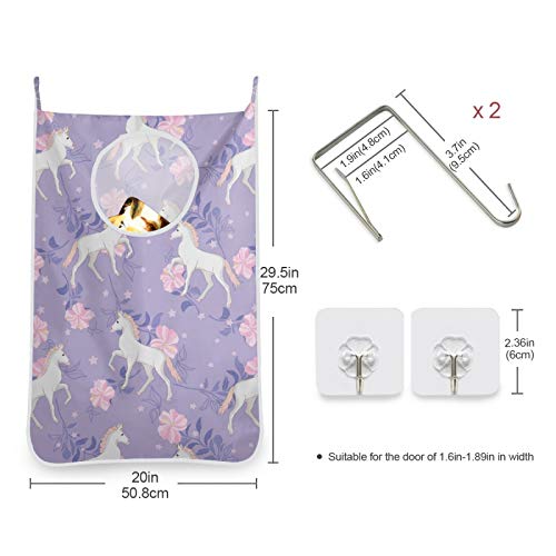 Oyihfvs White Unicorns Pink Flowers Stars On Purple Floral 1PC Hanging Laundry Hamper Bag, Dirty Clothes Bag Over The Door, Wall Cloth Basket with Hooks Storage College Closet for Bathroom Bedroom