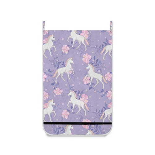 Oyihfvs White Unicorns Pink Flowers Stars On Purple Floral 1PC Hanging Laundry Hamper Bag, Dirty Clothes Bag Over The Door, Wall Cloth Basket with Hooks Storage College Closet for Bathroom Bedroom