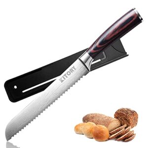 kitory bread knife serrated knife 8‘’ ultra sharp slicing knife with sheath german high carbon steel wavy edge cake slicer bakery slicing cutter ergonomic ideal for all types of bread