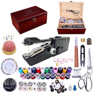 hand held sewing device, handheld sewing machine heavy duty, hand sewing machine portable, wooden sewing box with 153 pcs sewing kit