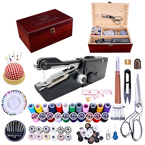 Hand held Sewing Device, Handheld Sewing Machine Heavy duty, Hand Sewing Machine Portable, Wooden Sewing Box with 153 Pcs Sewing Kit