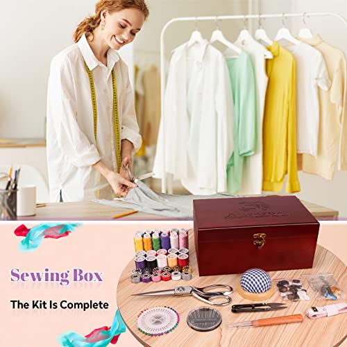 Hand held Sewing Device, Handheld Sewing Machine Heavy duty, Hand Sewing Machine Portable, Wooden Sewing Box with 153 Pcs Sewing Kit