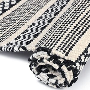 SAVON Hand Woven Cotton Flatweave Area Rug 3x2 Footmat Doormat Woven Black and White Geometric Boho