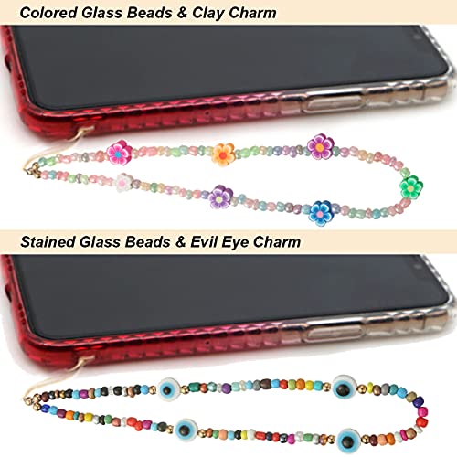 Taouzi 6PCS Beaded Phone Lanyard Wrist Strap Face Beaded Phone Charm Fruit Star Pearl Rainbow Color Beaded Phone Chain Strap for Women Girls