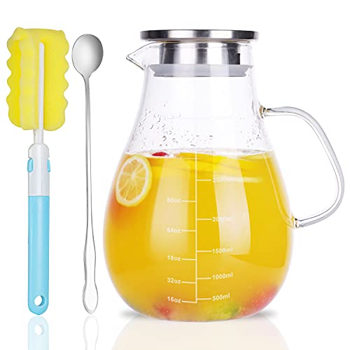 Glass Pitcher, Glass Water Pitcher with Tight Stainless Steel Lid, 105.5oz/3L, Heat Resistant Borosilicate Glass Carafe, Long Handle Cleaning Brush and Mixing Spoon, Temperature Safe