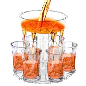 mixt shots 6 shot glass dispenser and holder, multiple shot pourer for cocktail, wine and juice, party drink and beverage dispenser for filling liquids (13x13x12.5 cm, transparent)