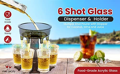 Mixt Shots 6 Shot Glass Dispenser and Holder, Multiple Shot Pourer for Cocktail, Wine and Juice, Party Drink and Beverage Dispenser for Filling Liquids (13x13x12.5 cm, Transparent)