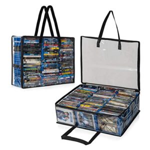besti blu ray case holder organizer, set of 2 clear plastic bags with handles for storing blurays, dvds, cds, storage bags for video game cases, holds up to 90 bluray and 60 dvd cases